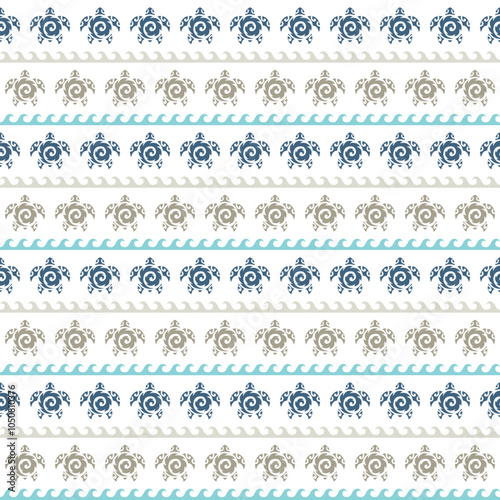 Seamless pattern with sea turtles. Marine life. Maori pattern. Stylish background. Blue and white.