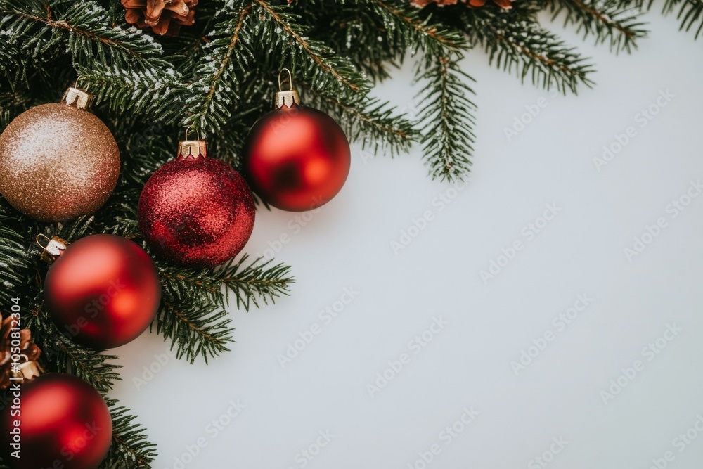 Festive Christmas tree branches adorned with red and gold ornaments and twinkling lights.