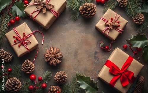 Festive holiday gifts wrapped in colorful paper with red bows and pine cones on a rustic wooden table.