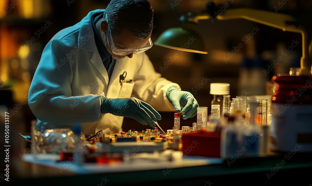 Scientist working with chemicals in a lab. Scientist working with chemicals in a lab.