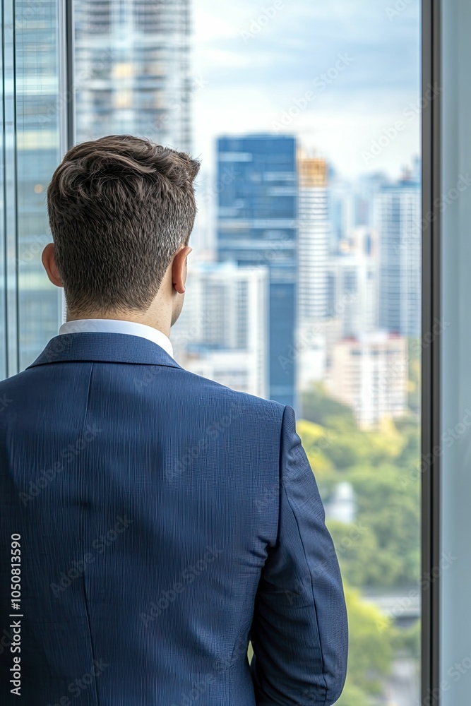 Business professional looking out of a high-rise window, contemplating future decisions, focused, city skyline, cool color palette, sharp lines Business professional looking out of a high-rise window, contemplating future decisions, focused, city skyline, cool color palette, sharp lines