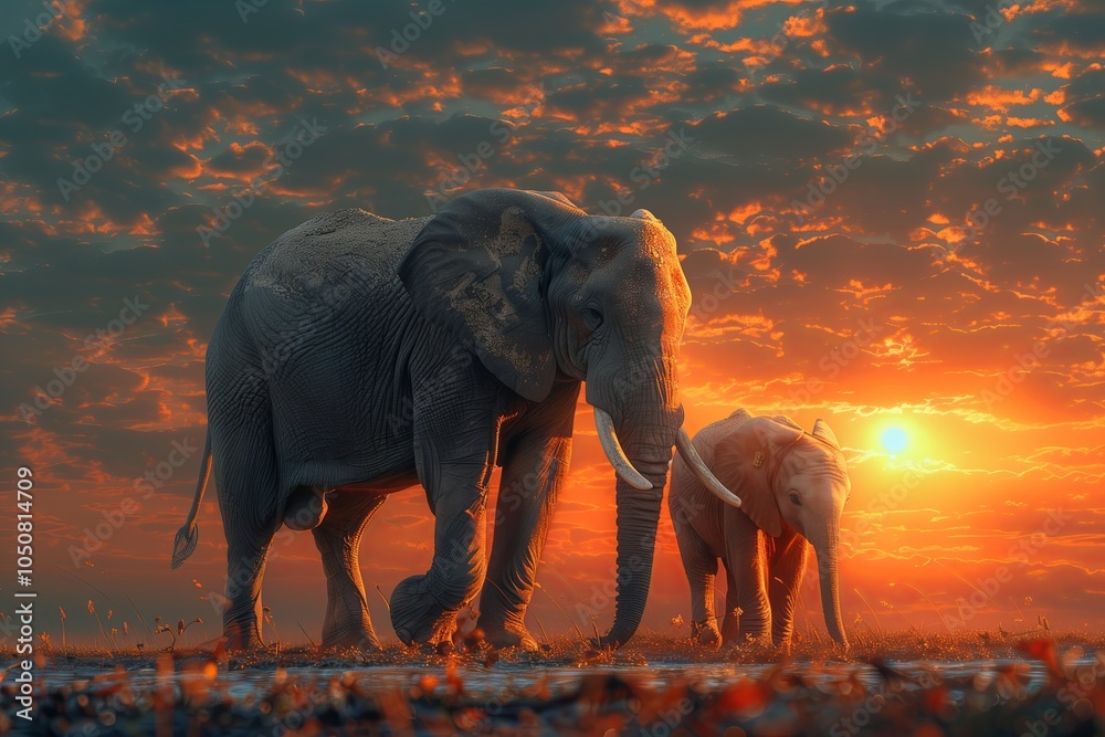 Fototapeta premium A male elephant with his family with sunset background.