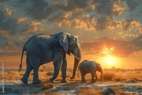 A male elephant with his family with sunset background.
