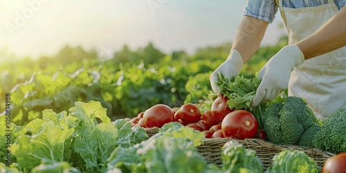 Gardener harvesting vegetables symbolizing self-reliance in food production, bright garden scene, afternoon light, peaceful vibe photo