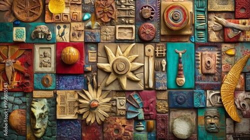 A meaningful scene of cultural fusion, featuring a mosaic of different cultural symbols and artifacts arranged harmoniously on a vibrant background