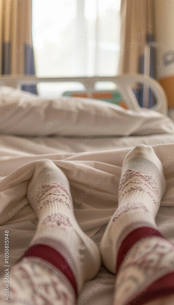 Obraz premium Early Signs of Deep Vein Thrombosis with Compression Socks in a Hospital Setting