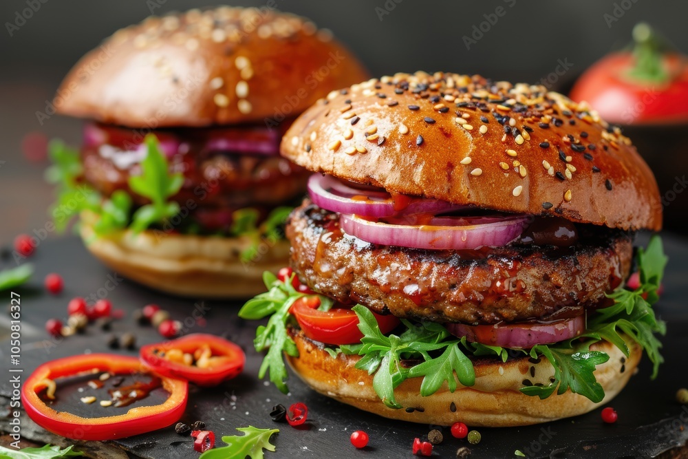 Juicy Beef Burger with Sesame Seeds and Red Onion Juicy Beef Burger with Sesame Seeds and Red Onion
