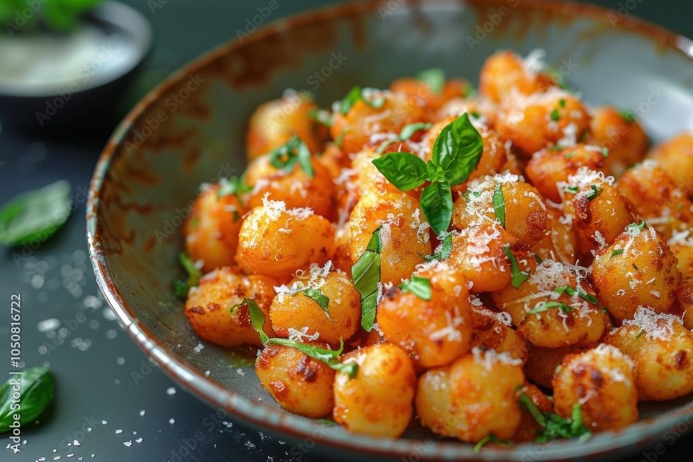 Close-up of Gnocchi with Basil and Parmesan Close-up of Gnocchi with Basil and Parmesan