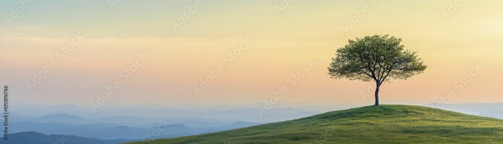 Obraz premium Territorial sovereignty represented by a lone tree on a hilltop, nature theme, serene lighting, expansive view