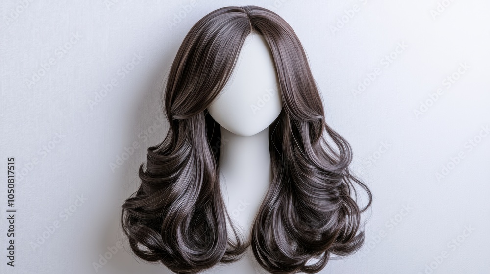 Elegant brown wig with soft curls displayed on a mannequin head, AI Elegant brown wig with soft curls displayed on a mannequin head, AI