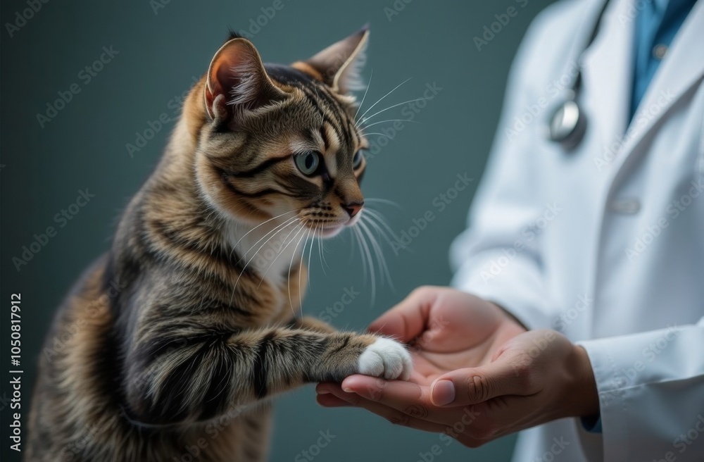 A veterinarian in a white coat holds a cat's paw in his hand. Trust A veterinarian in a white coat holds a cat's paw in his hand. Trust