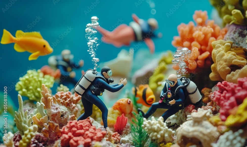 Fototapeta premium Two divers exploring colorful coral reef.