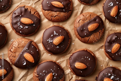 Close-up of Chocolate Almond Cookies with Sea Salt photo