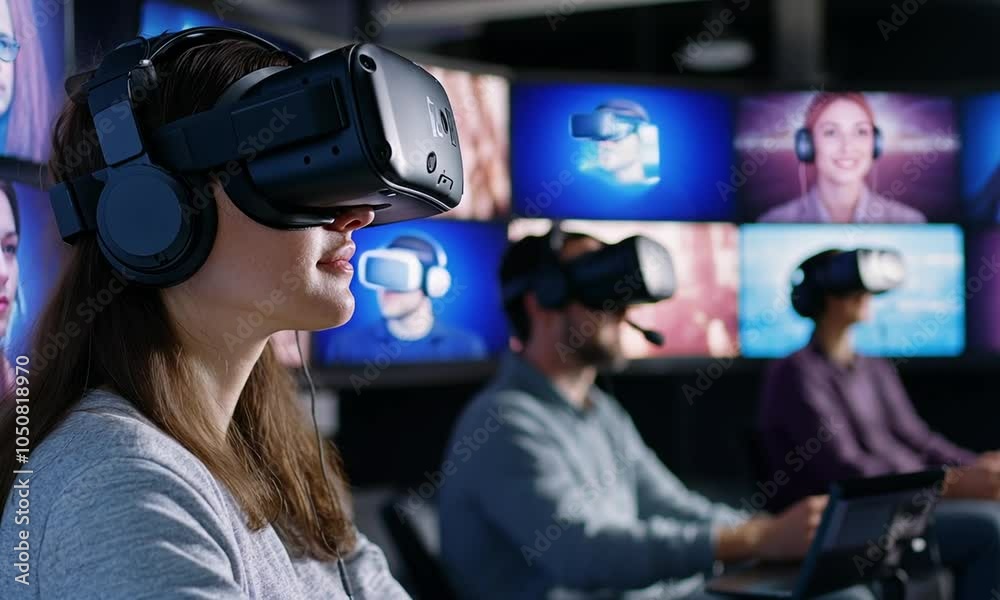 A woman and a man using virtual reality headsets in a tech-focused environment. A woman and a man using virtual reality headsets in a tech-focused environment.