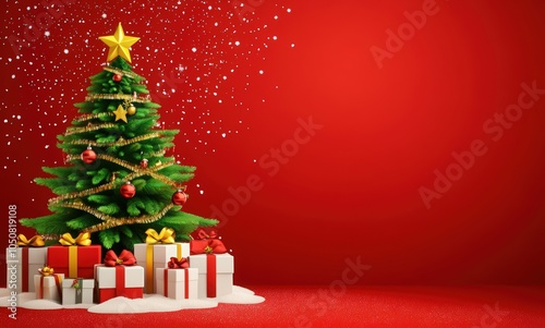 3D Christmas tree with gifts on the podium, happy new year and Christmas illustration background vector banner template design for New Year celebration or promotion poster. 