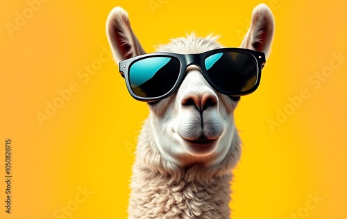 trendy llama in sunglasses over yellow background.