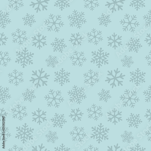 Snowflakes seamless background. Subtle vector pattern with small hand drawn white snowflakes on blue backdrop. Winter holidays theme, New Year texture. Elegant repeat design for decor