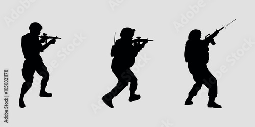 Soldiers with weapons, three black silhouettes. Vector on gray background