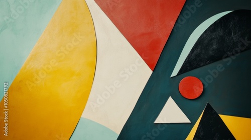 A modern art depiction of diverse abstract shapes converging towards a central point on a plain backdrop, Illustrating convergence and diversity, photography style