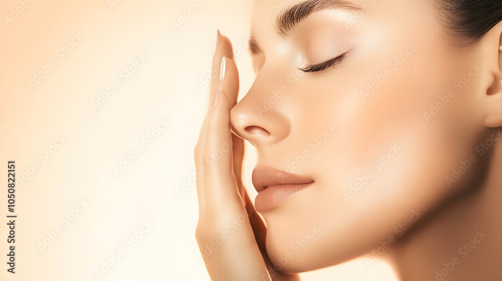 Close-up of a woman's face with her eyes closed, touching her cheek. Close-up of a woman's face with her eyes closed, touching her cheek.
