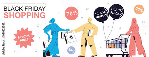 Black friday shopping concept in flat cartoon design for web banner. People with bags making bargain purchases, ordering goods with discount prices on season sale in stores. Vector illustration.