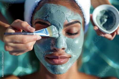 Therapist gently applying a facial mask to a stunning young blonde woman with a makeup brush