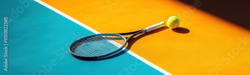 Tennis racket and ball on a tennis court with a blue and orange background photo