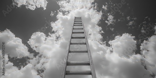  Black-and-white image of ladder ascending into clouds, symbolizing ambition, dreams, and pursuit of unreachable goals in surreal perspective. photo