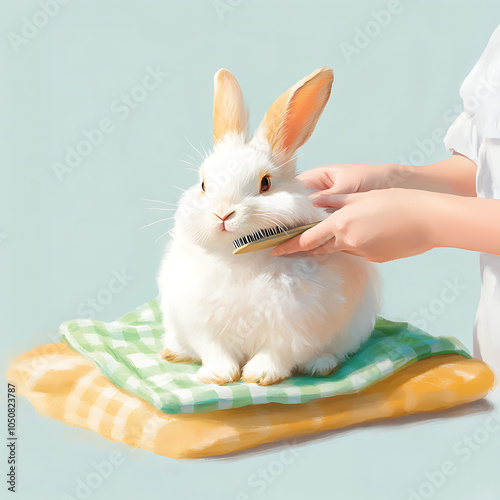 Fluffy White Rabbit Being Groomed with a Brush photo