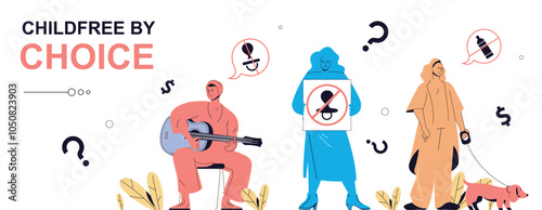 Childfree by choice concept in flat cartoon design for web banner. People make decision not to have children, enjoying independence lifestyle with pets, develop carrier, do hobby. Vector illustration.