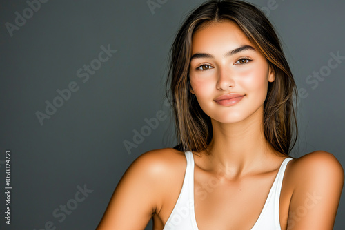 A young woman with a gentle smile and soft makeup, looking over her shoulder against a gray background, radiating elegance and natural beauty. Suitable for beauty, skincare, and lifestyle content.