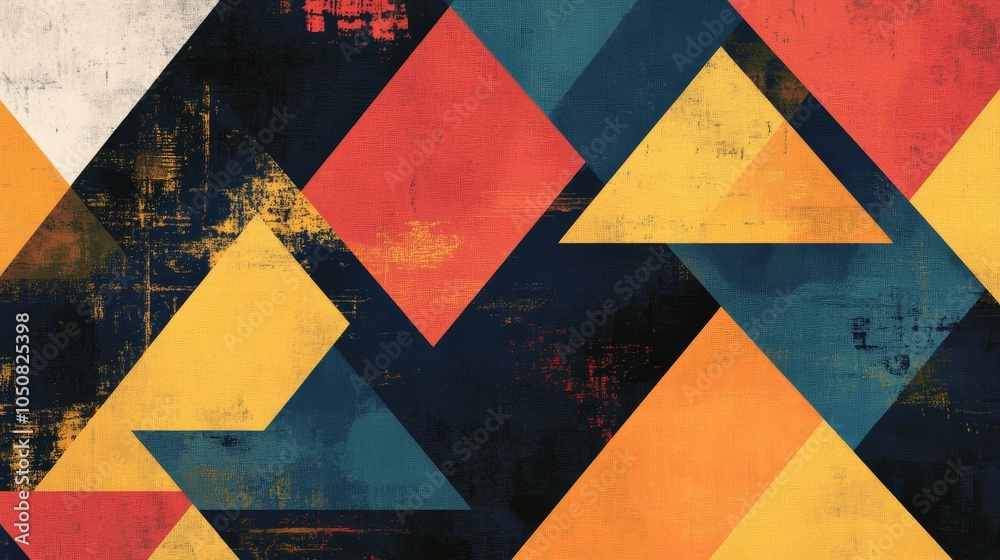 Fototapeta premium A striking composition of overlapping triangles in vibrant colors, with textured surfaces creating an abstract geometric design full of energy and depth.