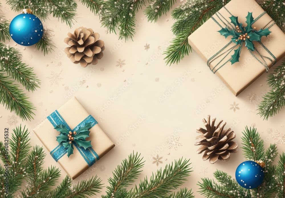 Christmas and happy new year banner with gift boxes, pine branches, and a blue ball on a beige background. Flat lay composition for greeting card design. Christmas and happy new year banner with gift boxes, pine branches, and a blue ball on a beige background. Flat lay composition for greeting card design.
