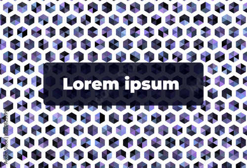 Seamless geometric pattern with colorful hexagons forming an abstract design, ideal for backgrounds and decorative projects, featuring a banner with sample text