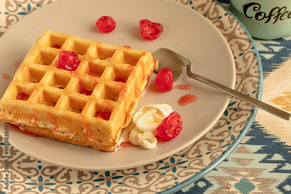 Homemade Belgian Waffle is ready to eat. on dinner plate with berries and nuts. Easy Prepare Pancake, Versatile Breakfast. Shallow focus. the concept is easy to cook. homemade dessert for breakfast Homemade Belgian Waffle is ready to eat. on dinner plate with berries and nuts. Easy Prepare Pancake, Versatile Breakfast. Shallow focus. the concept is easy to cook. homemade dessert for breakfast