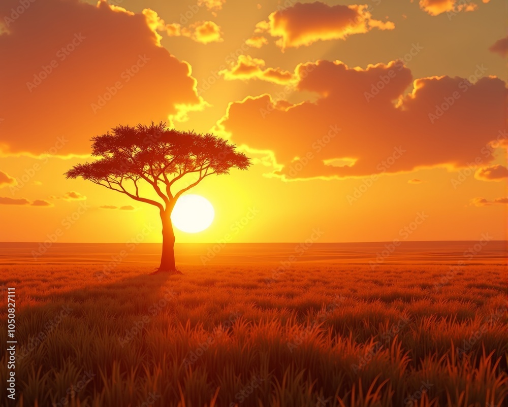Fototapeta premium Lonely acacia tree silhouette at sunset, warm colors and dramatic clouds in golden hour