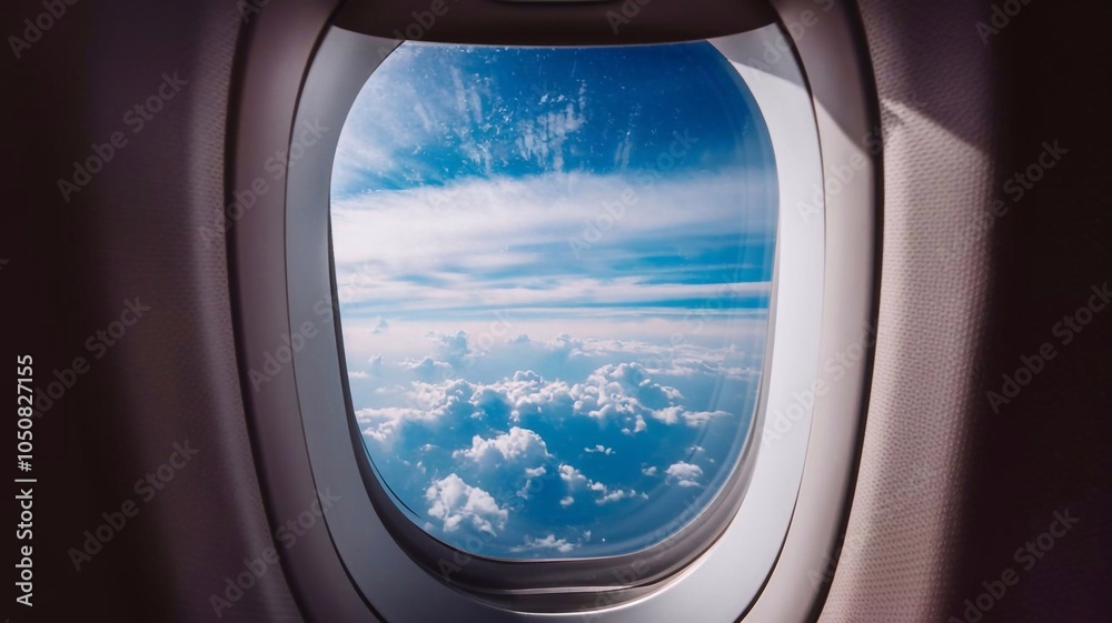 Airplane window with a view of sky and clouds Airplane window with a view of sky and clouds