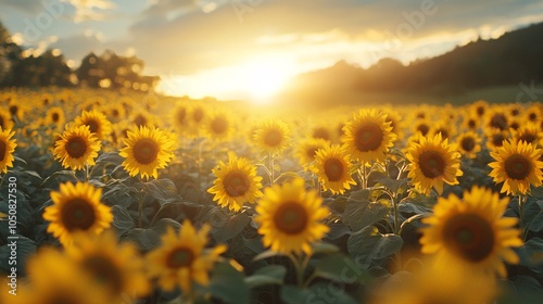 Glowing sunflowers under the sunset sky