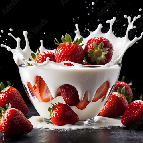 strawberry falling into milk, Ai generative.