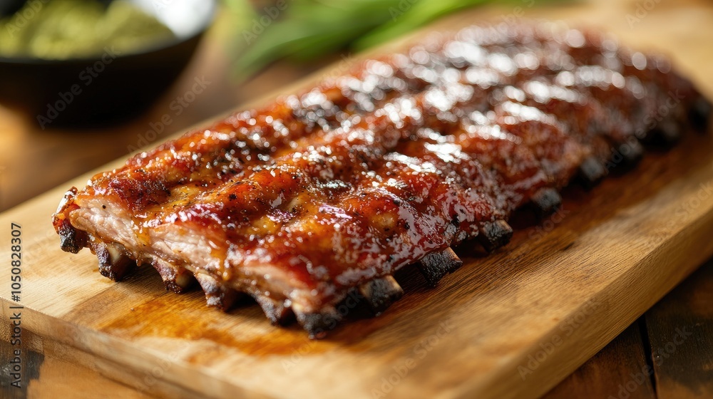 Tender Barbecue Ribs on Wooden Cutting Board Tender Barbecue Ribs on Wooden Cutting Board