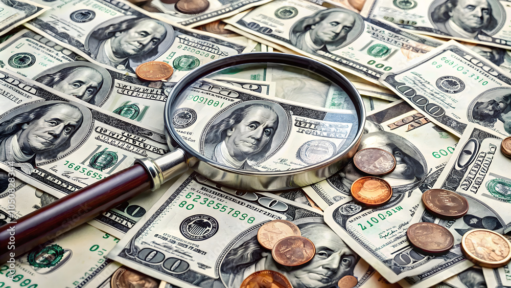 Magnifying glass on dollar money background. Business and finance concept. Magnifying glass on dollar money background. Business and finance concept.