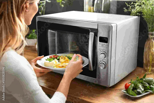 Woman Reheating Food in Microwave - Kitchen Appliances photo