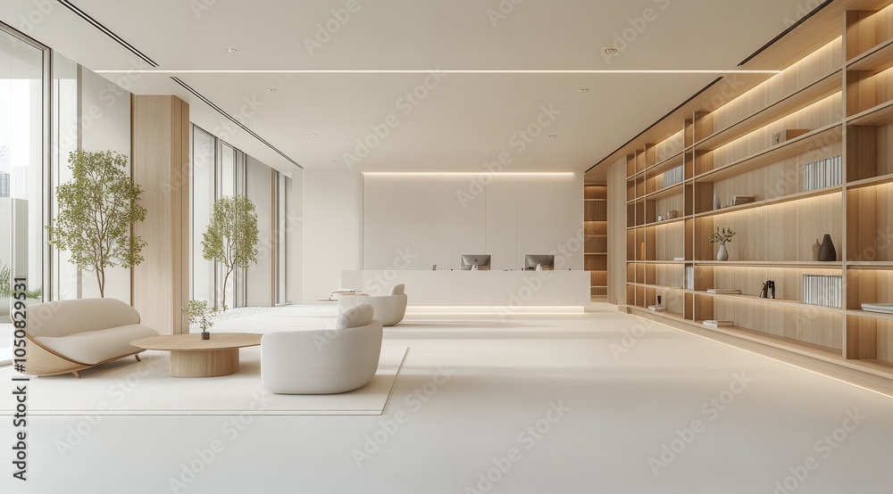 Fototapeta premium Modern indoor lounge area with cozy seating and natural light in a contemporary building