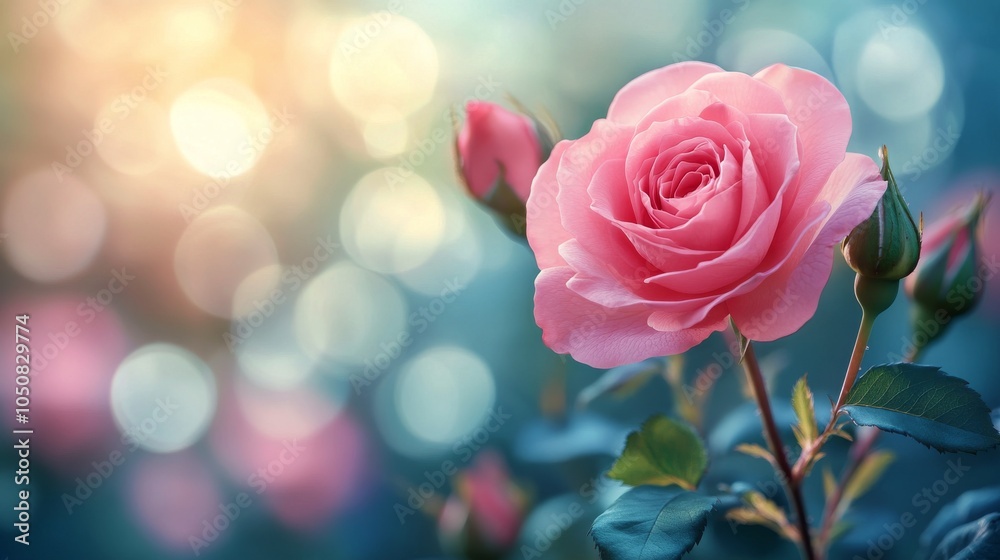 Delicate pink rose blooming amidst vibrant green foliage in soft sunlight