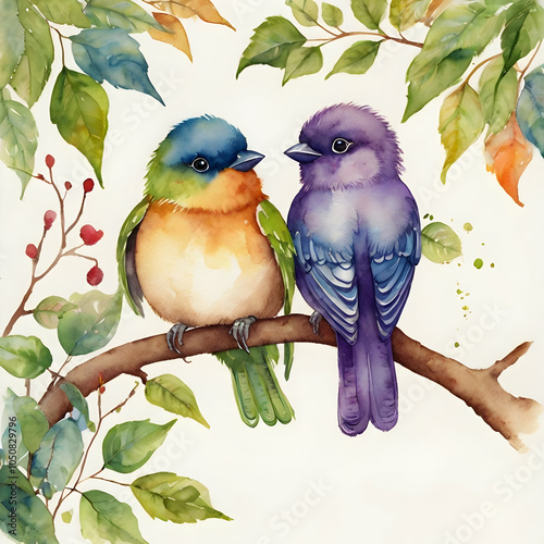 Illustrate a delightful watercolor scene of four adorable, colorful birds sitting on a leafy brown branch. Each bird, with its own unique colorpurple, green, orange, and bluehas round, playful eyes di photo