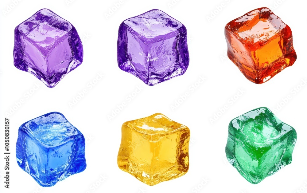 Collection of Vibrant Colorful Ice Cubes in Purple, Blue, Orange, Red, Green, and Yellow Isolated on Transparent Background for Creative Design, Drinks, or Food Decoration on a clean white background