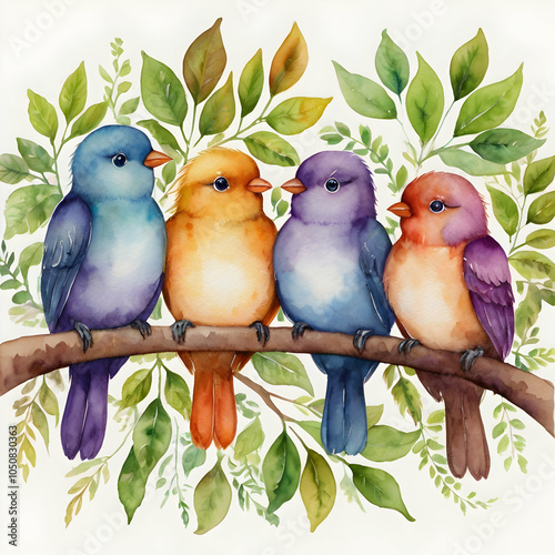 Illustrate a delightful watercolor scene of four adorable, colorful birds sitting on a leafy brown branch. Each bird, with its own unique colorpurple, green, orange, and bluehas round, playful eyes di photo