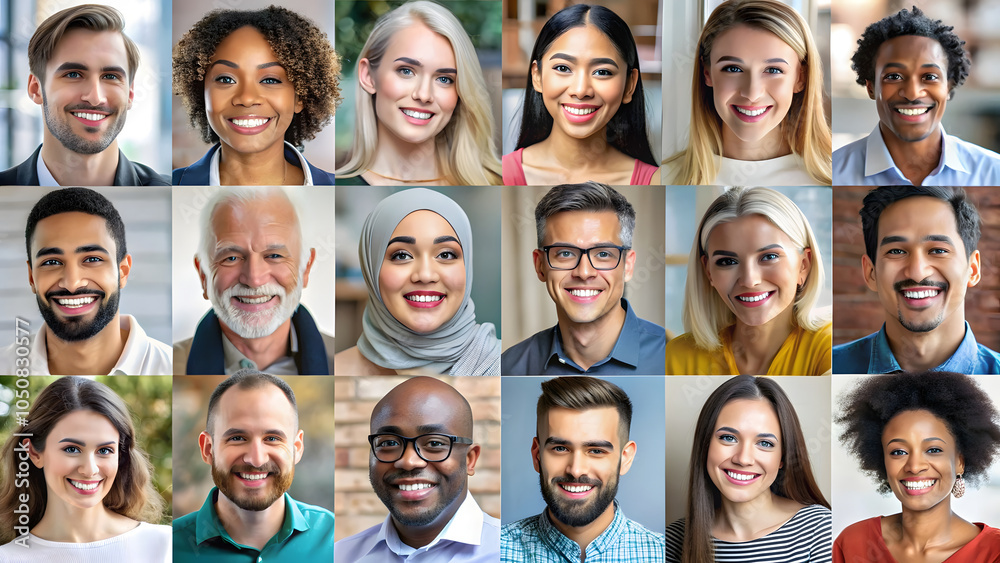 Portraits of happy multiethnic group of people smiling and looking at camera