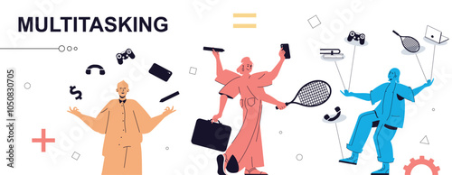 Multitasking concept in flat cartoon design for web banner. People doing different tasks in same time in office, managing time for work, playing, talking, earning money, other. Vector illustration.