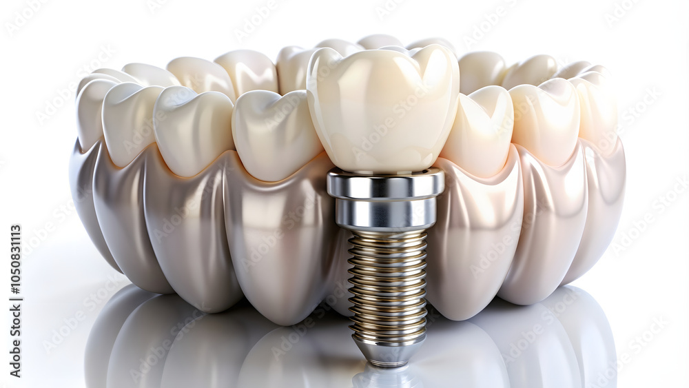teeth with dental implant over white background with reflection teeth with dental implant over white background with reflection